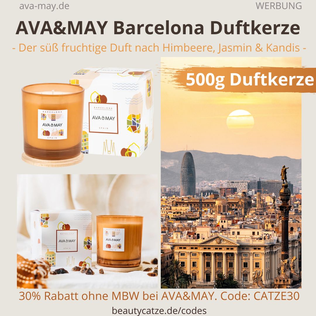 Barcelona Spain große Duftkerze 500g AVA&MAY Erfahrungen ava and may Himbeere Jasmin Kandis Geruch