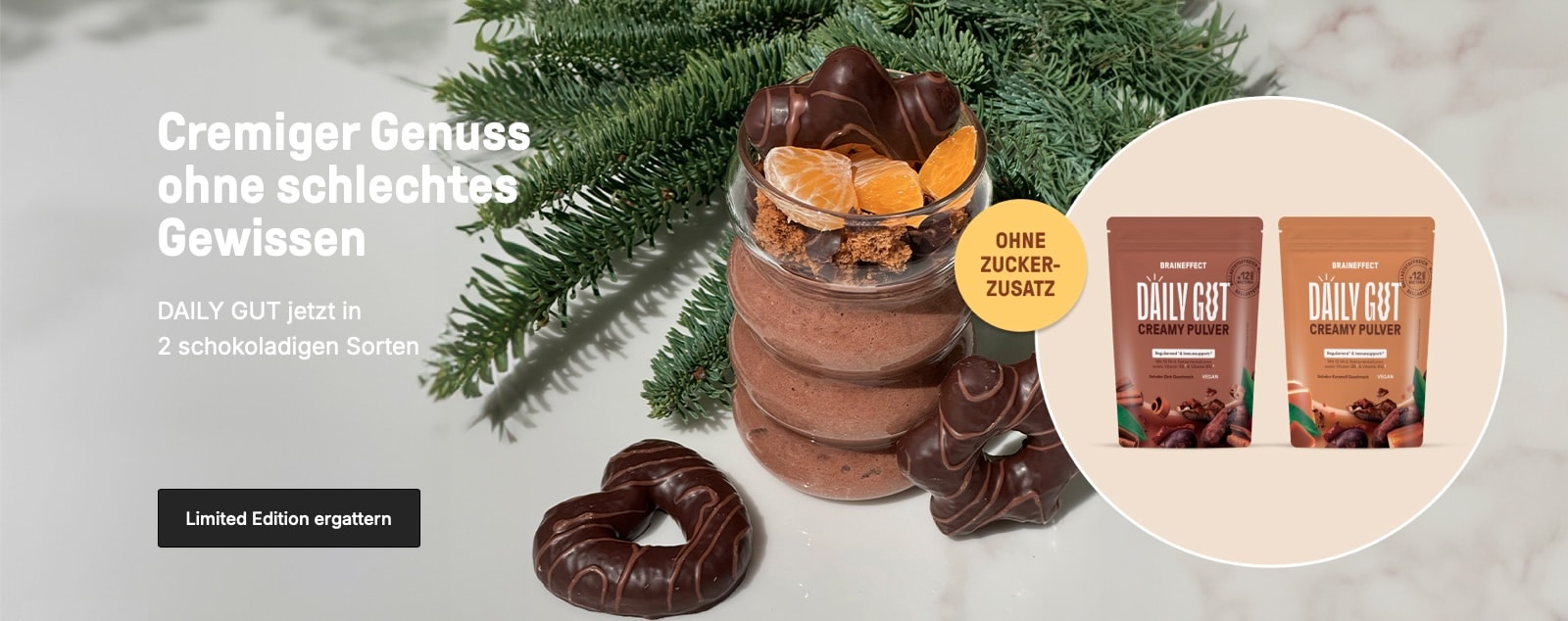 Daily Gut Winter Edition Braineffect Erfahrungen- Creamy Chocolate Caramel und Creamy Chocolate Cinnamon