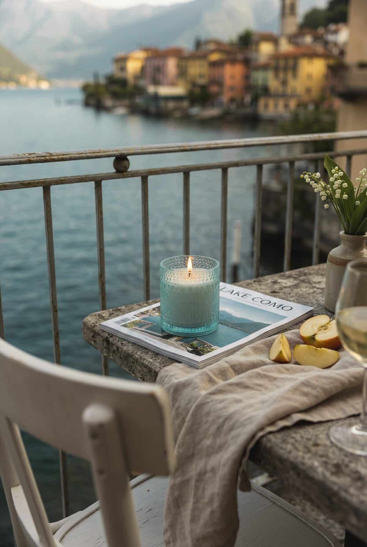 Lake Como Duftkerze von AVA & MAY auf einem Balkon mit Seeblick, sanfter Duft nach Apfel, Maiglöckchen und Rose