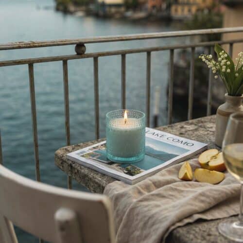 Lake Como Duftkerze von AVA & MAY auf einem Balkon mit Seeblick, sanfter Duft nach Apfel, Maiglöckchen und Rose